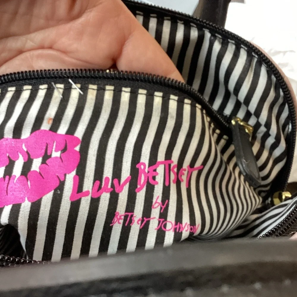 Betsey Johnson Pink and Black Quilted Satchel with Stripe Detail